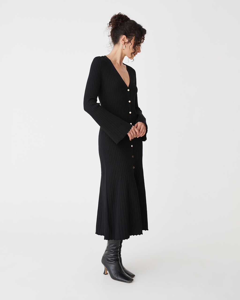 Danica V-Neck Rib Knit Dress in black — side view