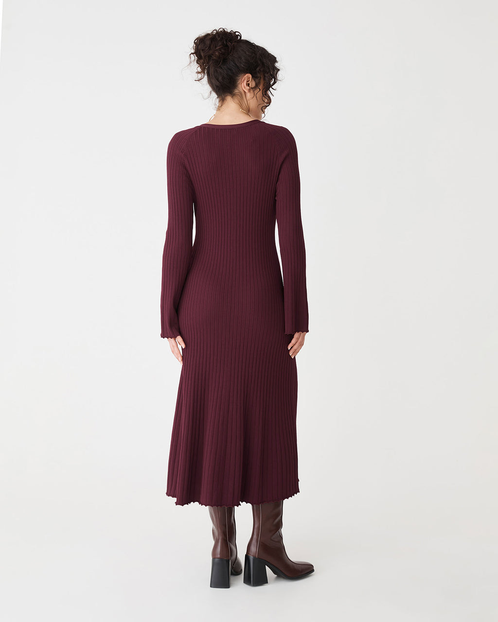 Danica V-Neck Rib Knit Dress in mahogany — back view