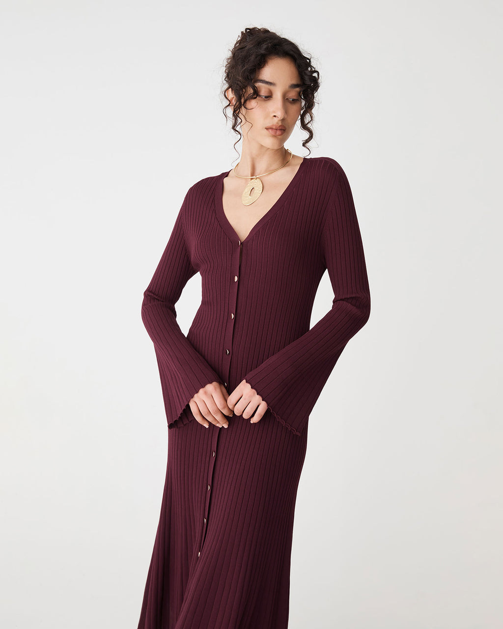 Danica V-Neck Rib Knit Dress in mahogany — close-up view