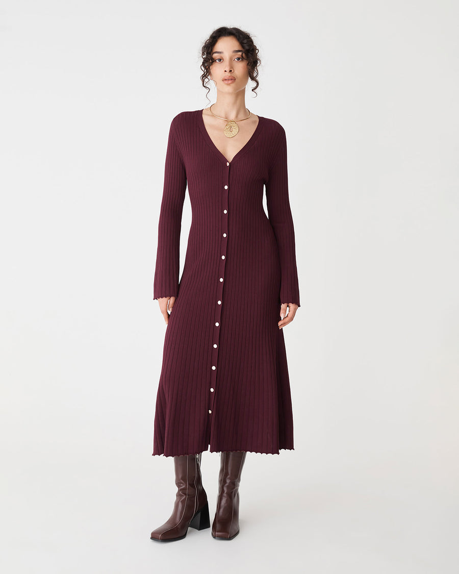 Danica V-Neck Rib Knit Dress in mahogany — full-length view