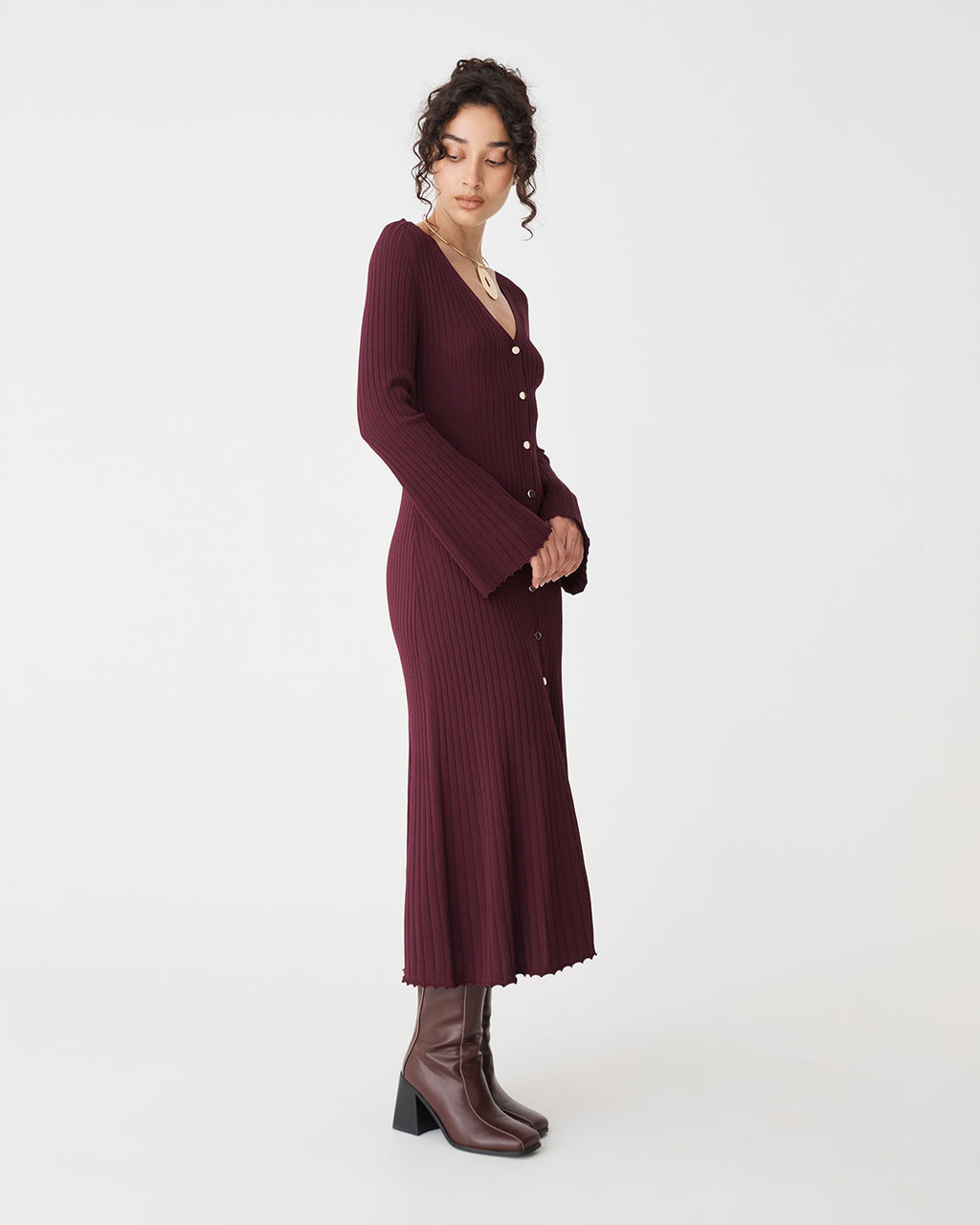 Danica V-Neck Rib Knit Dress in mahogany — side view