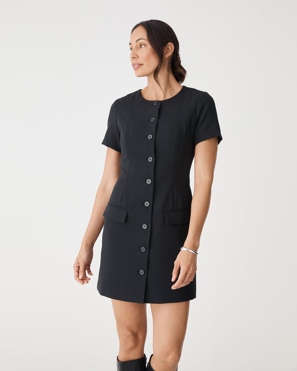 Jennifer Tailored Mini Dress in black — close-up view