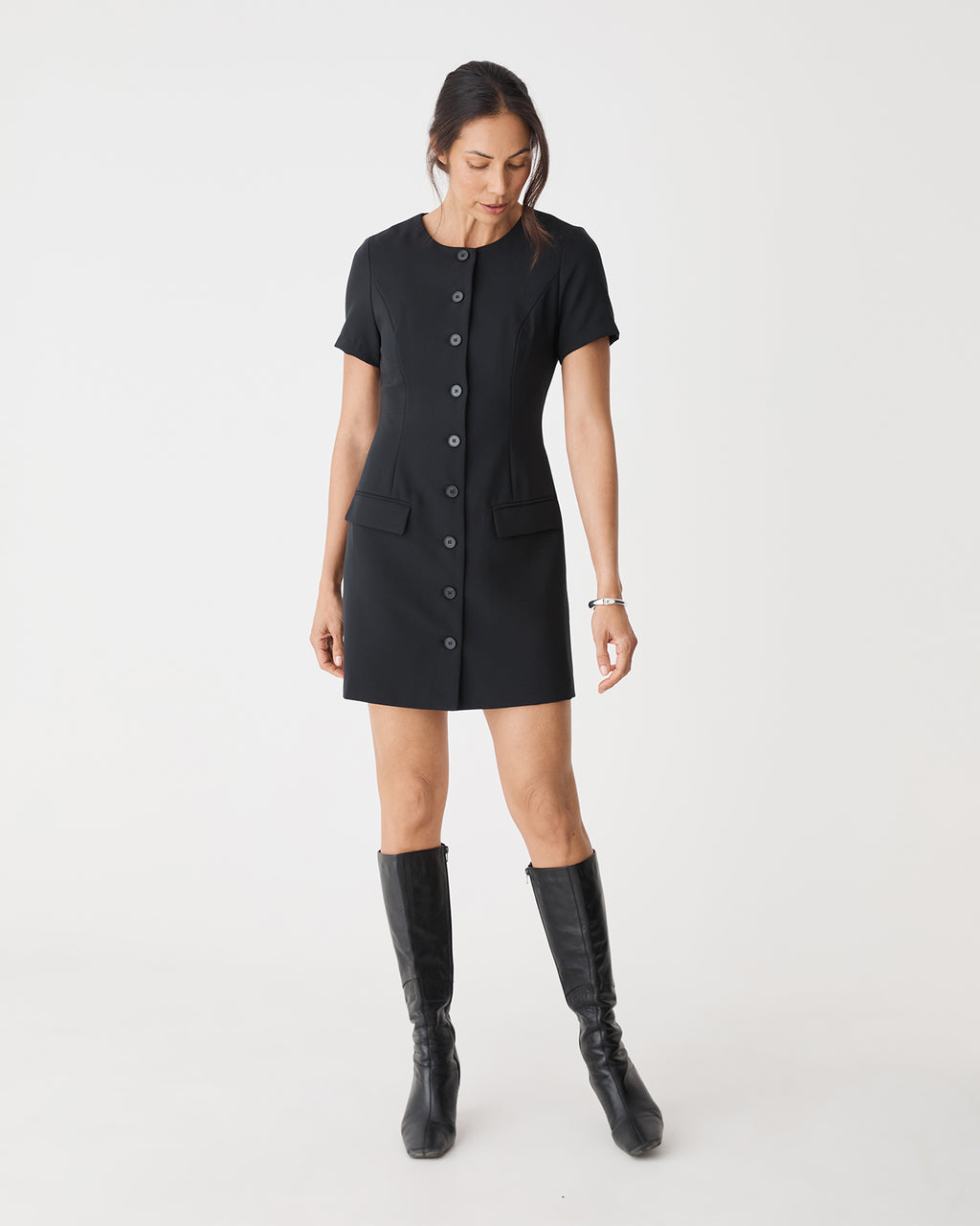 Jennifer Tailored Mini Dress in black — full-length view