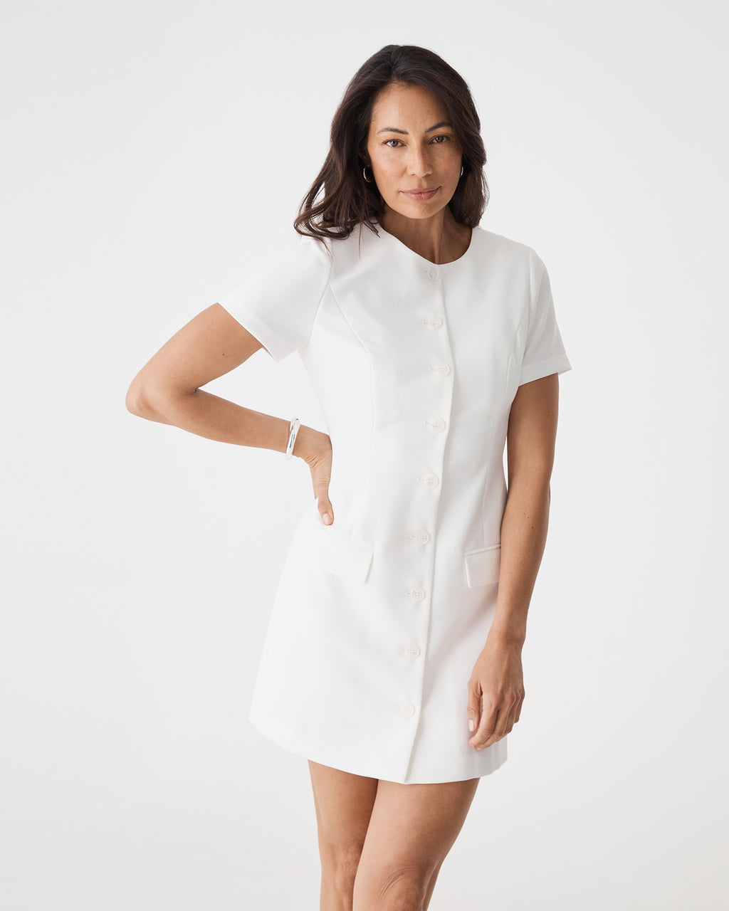 Jennifer Tailored Mini Dress in ivory — close-up view