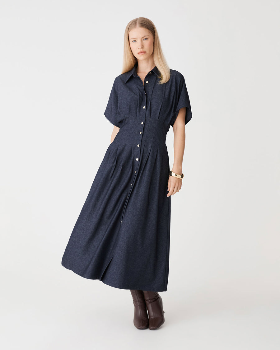 Gilda Pleat Waist Dress in indigo — full-length view