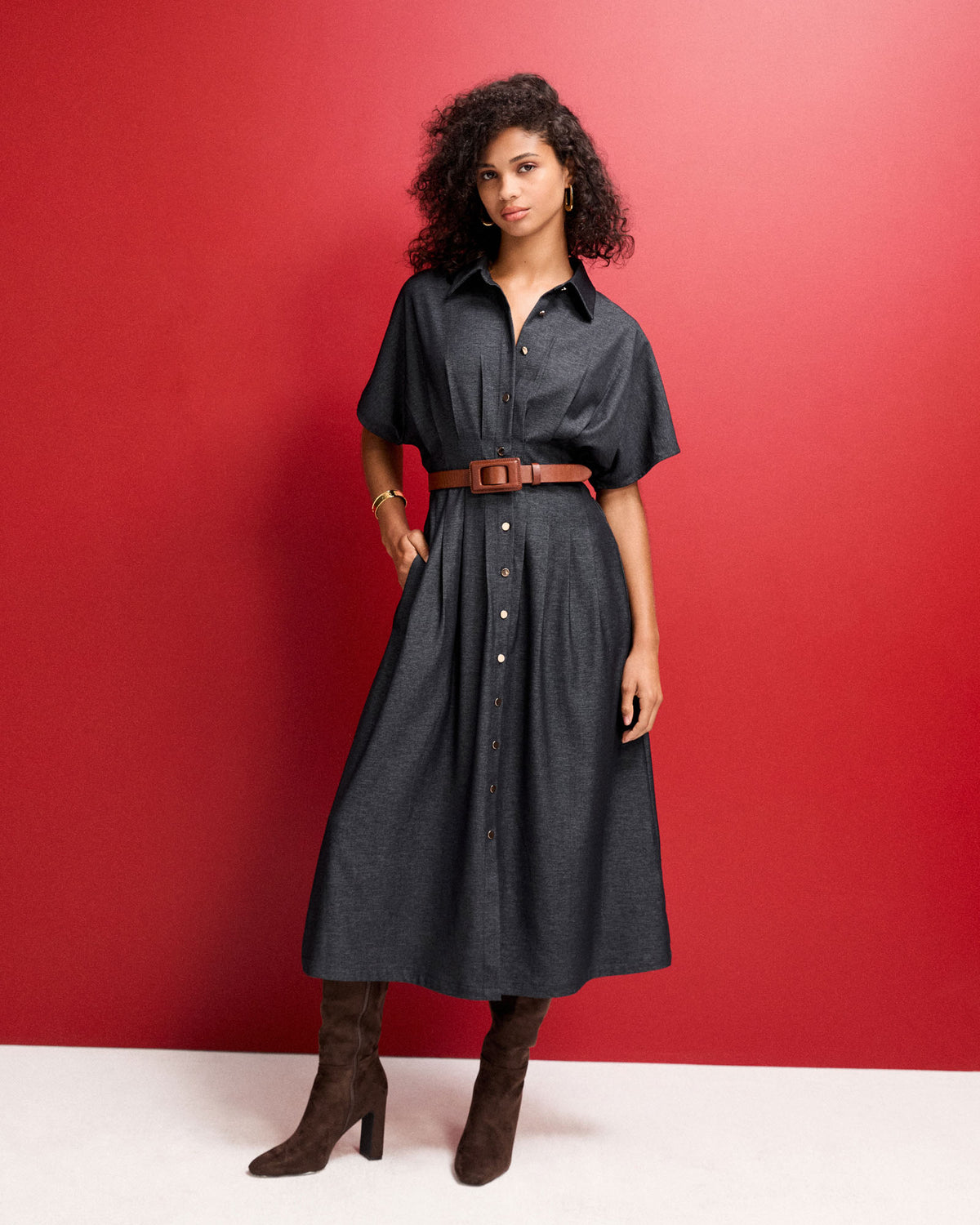 Gilda Pleat Waist Dress in indigo — alternate view