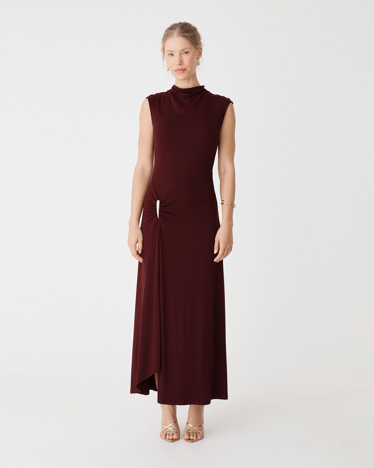 Laurel Ruched Dress in plum — full-length view