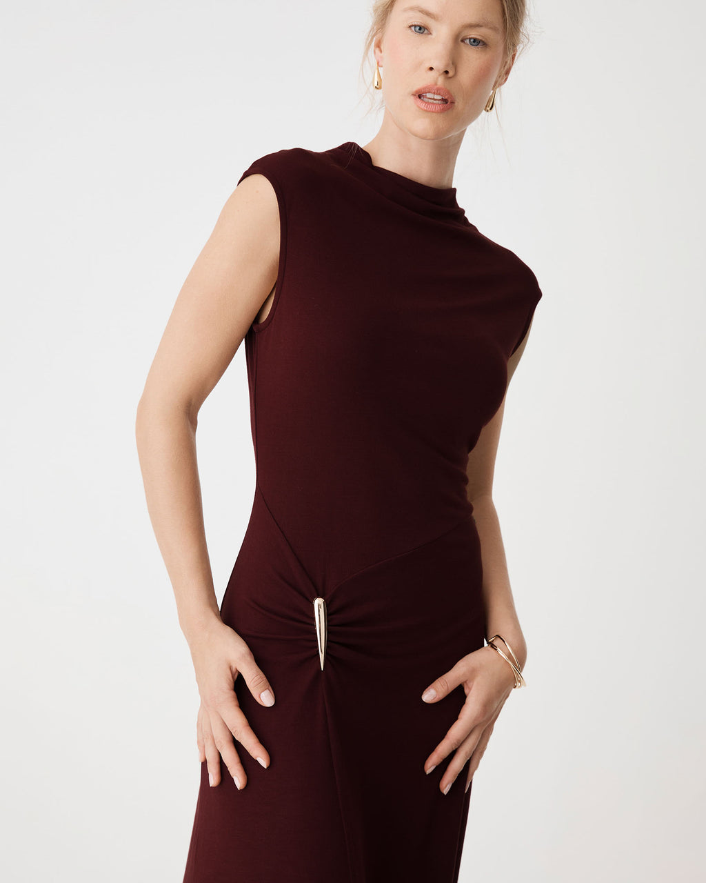 Laurel Ruched Dress in plum — close-up view