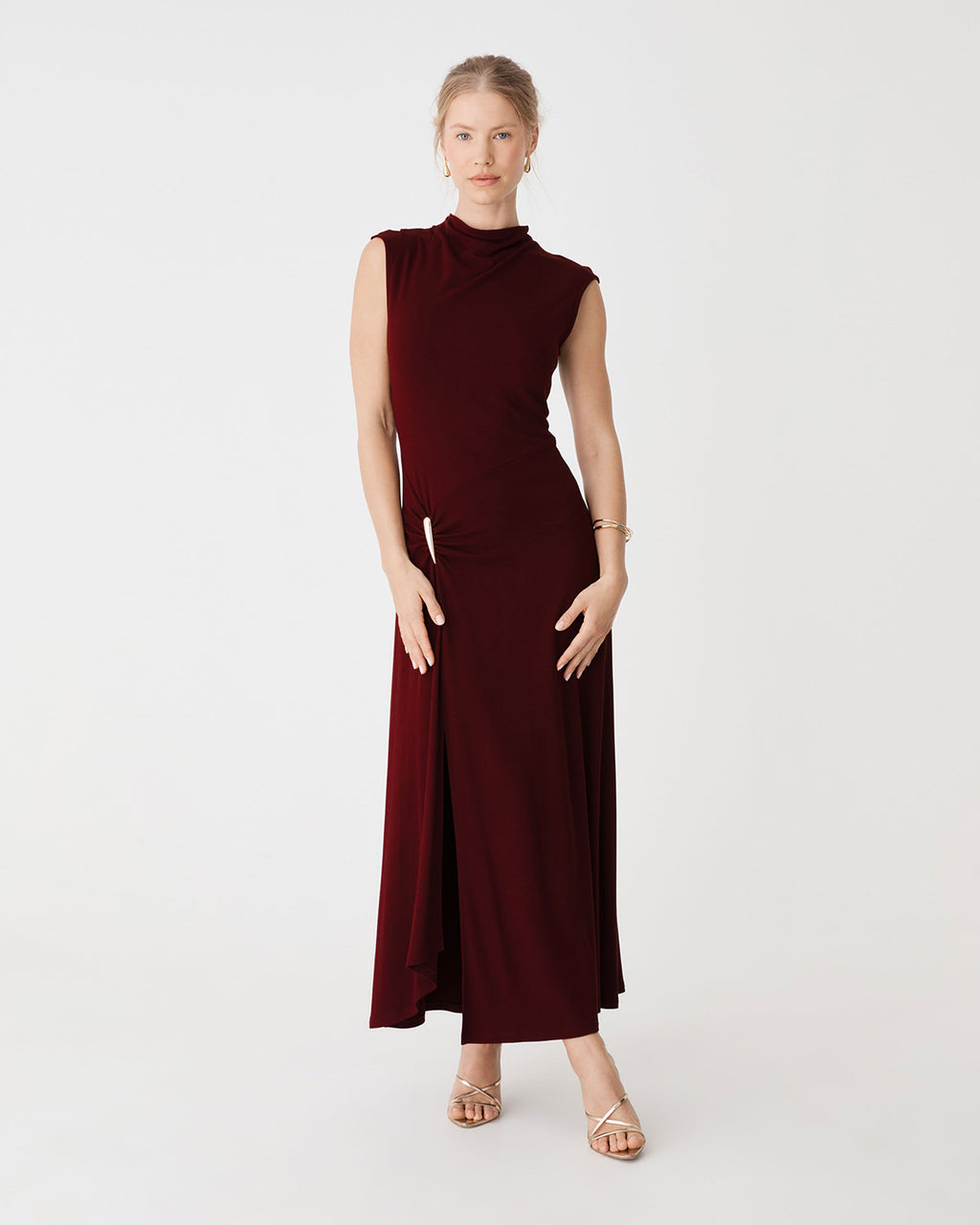 Laurel Ruched Dress in plum — full-length view 2
