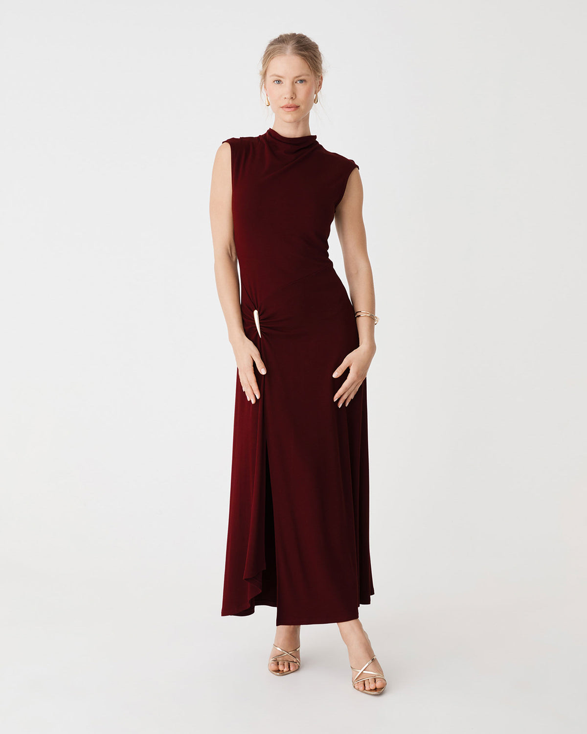 Laurel Ruched Dress in plum — full-length view 2