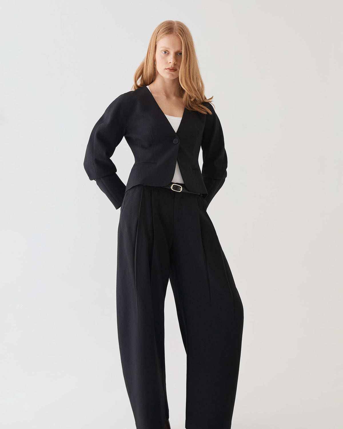 Pippa Rounded Shoulder Blazer in black — close-up view