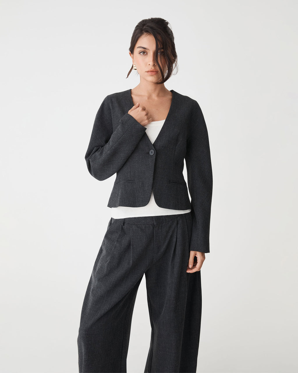 Pippa Rounded Shoulder Blazer in charcoal — close-up view