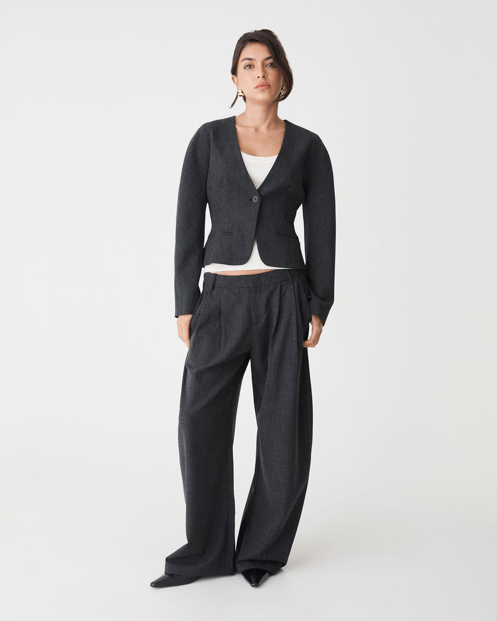 Pippa Rounded Shoulder Blazer in charcoal — full-length view
