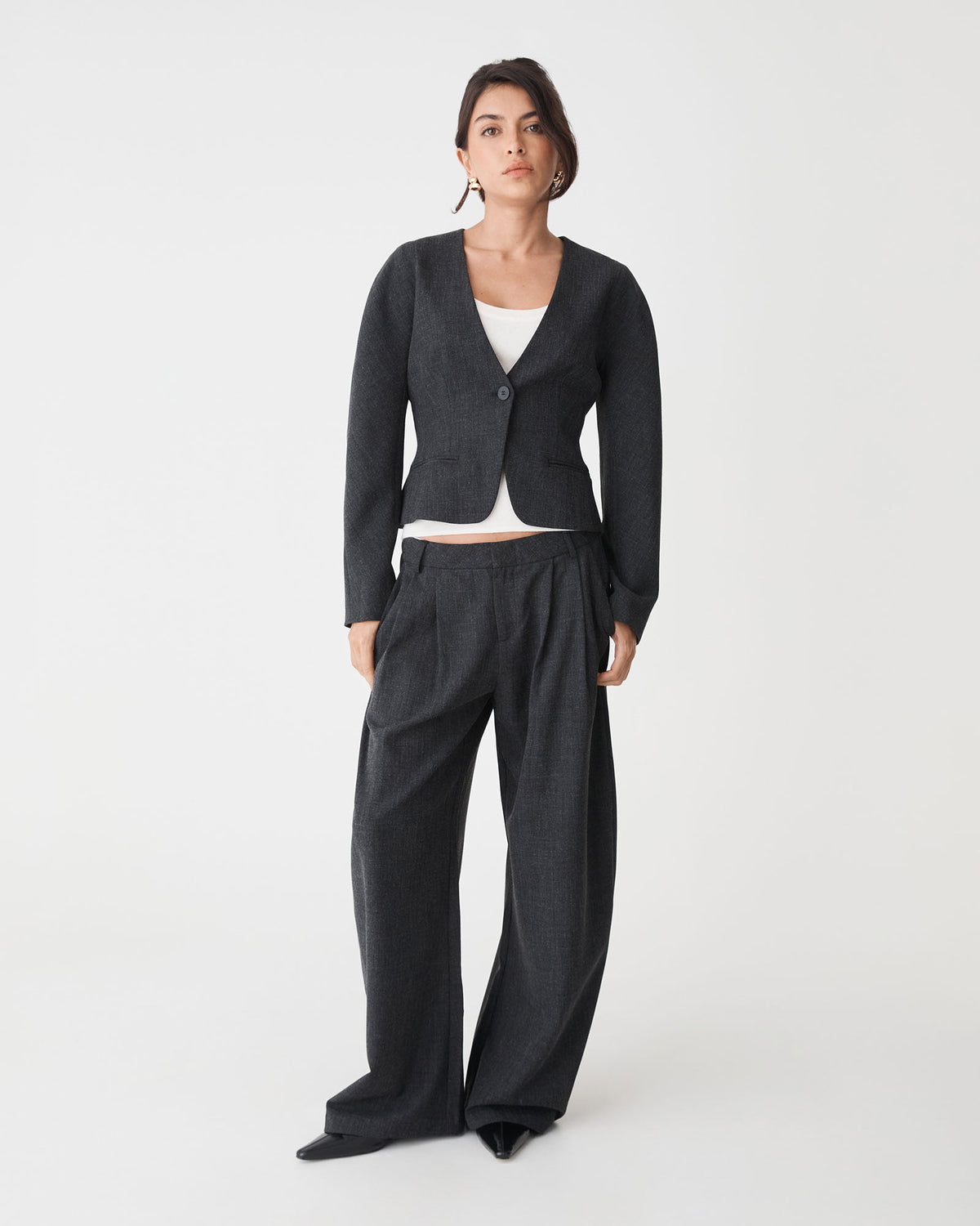 Pippa Rounded Shoulder Blazer in charcoal — full-length view