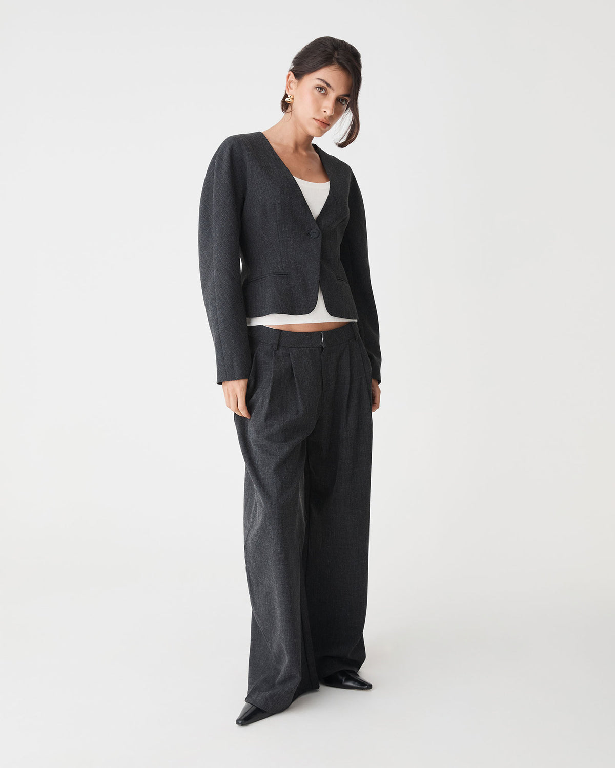 Pippa Rounded Shoulder Blazer in charcoal — full-length view 2