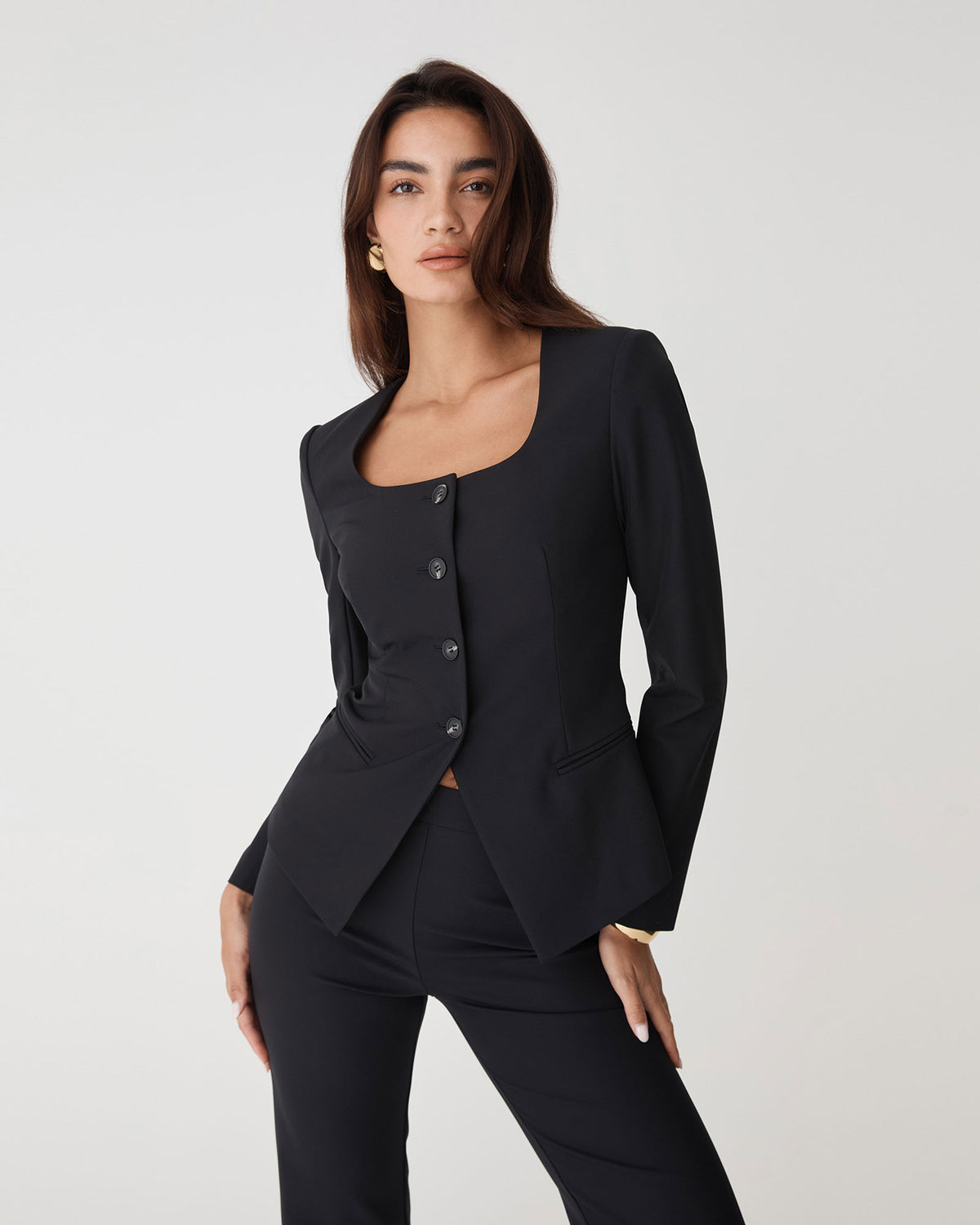 Thea Scoop Neck Blazer in black — close-up view