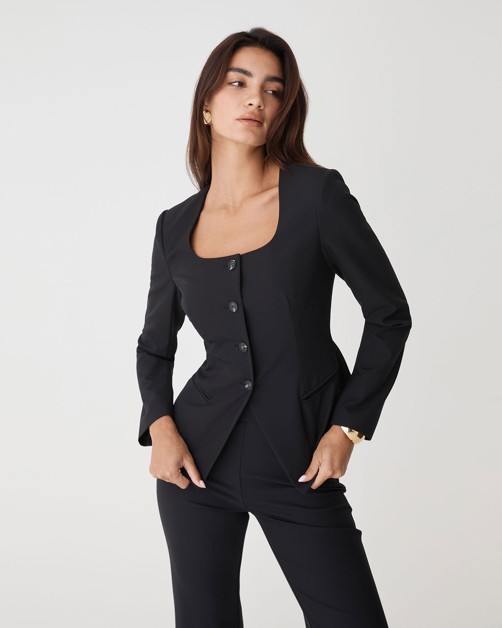 Thea Scoop Neck Blazer in black — close-up view 2
