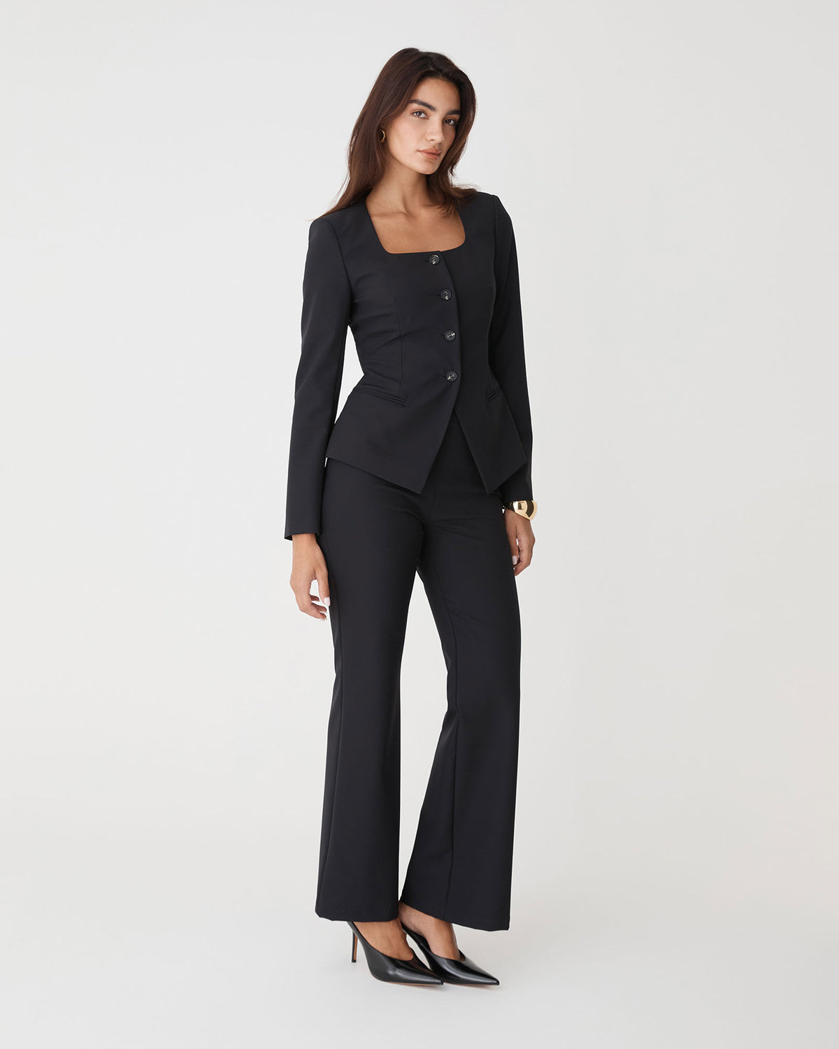 Thea Scoop Neck Blazer in black — side view