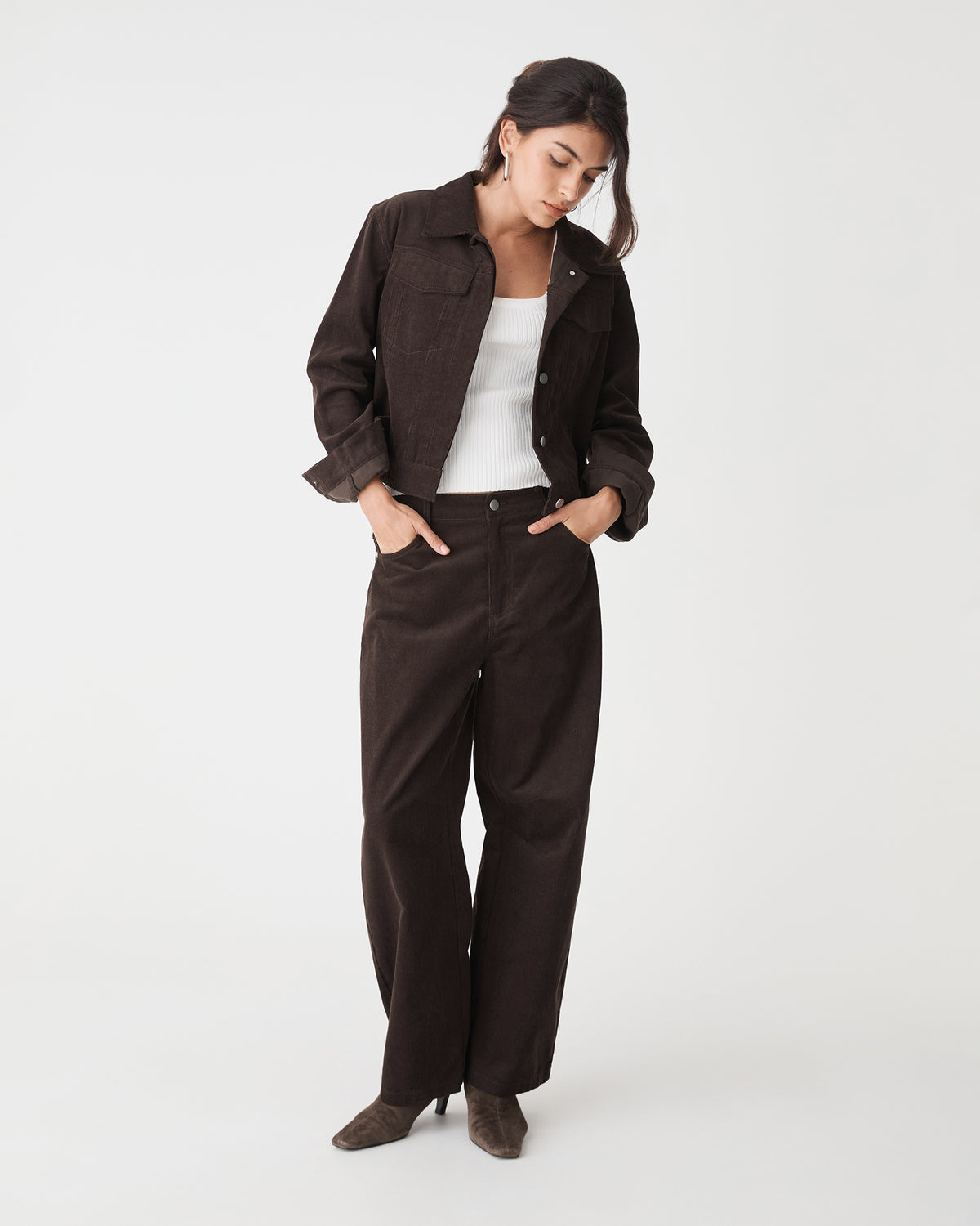 Nya Corduroy Jacket in chocolate — full-length view