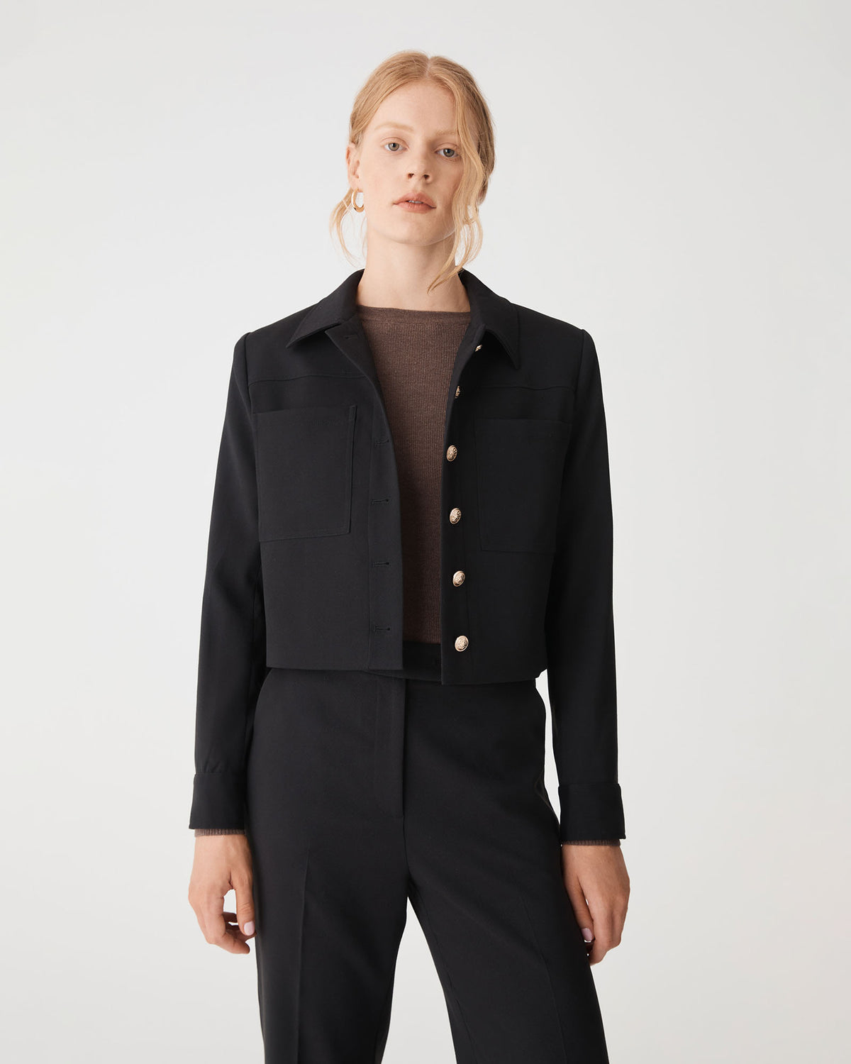 Sadie Patch Pocket Crop Jacket in black — close-up view
