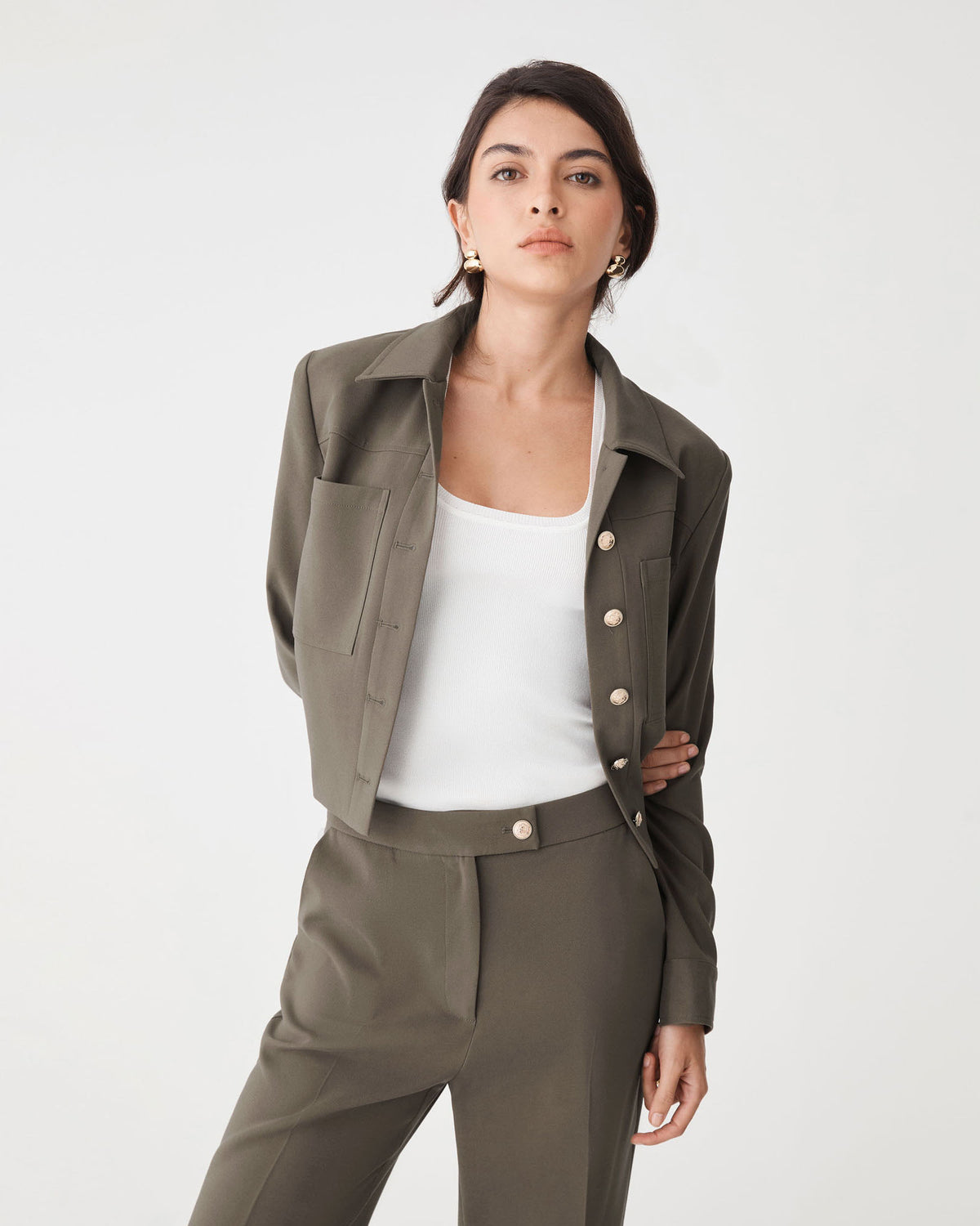 Sadie Patch Pocket Crop Jacket in dark khaki — close-up view