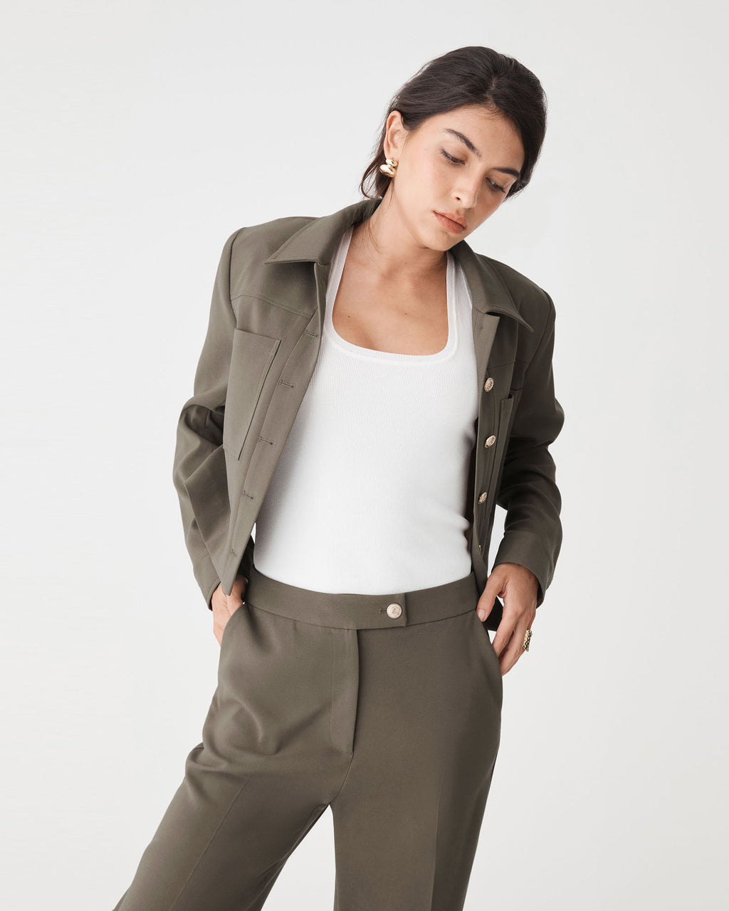 Sadie Patch Pocket Crop Jacket in dark khaki — close-up view 2