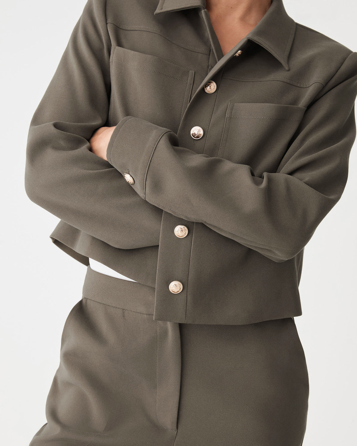 Sadie Patch Pocket Crop Jacket in dark khaki — fabric detail