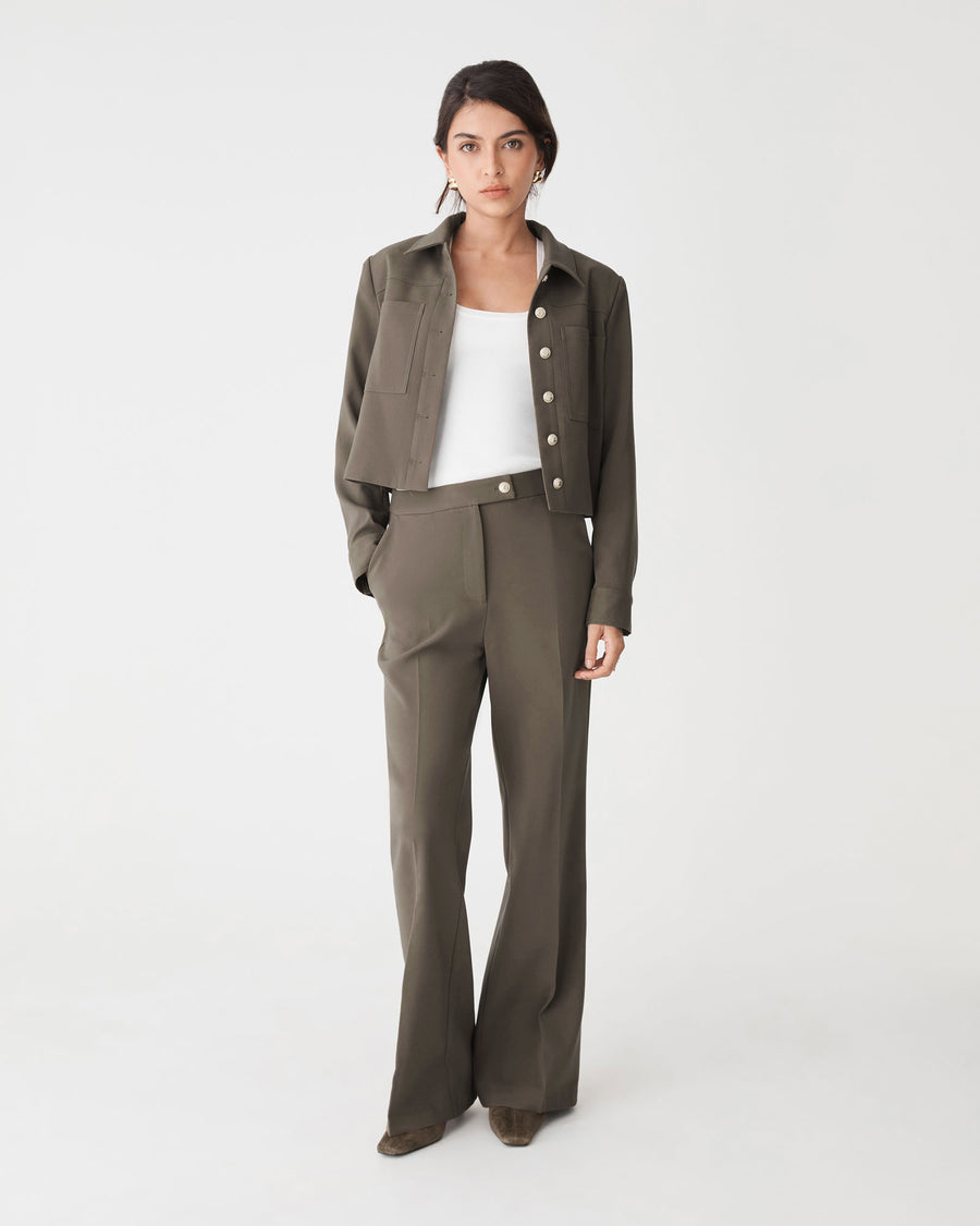 Sadie Patch Pocket Crop Jacket in dark khaki — full-length view