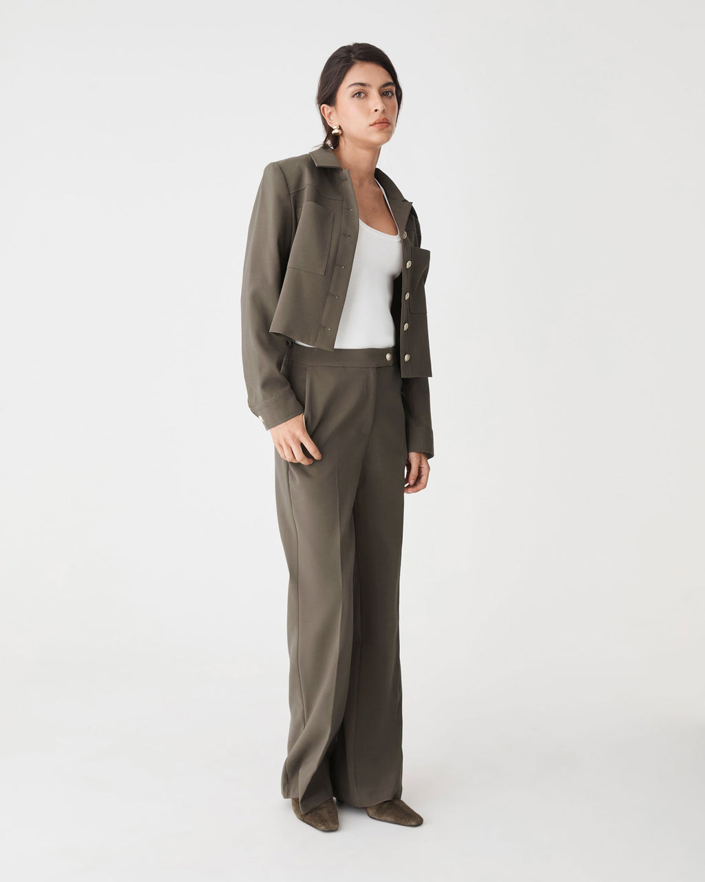 Sadie Patch Pocket Crop Jacket in dark khaki — side view