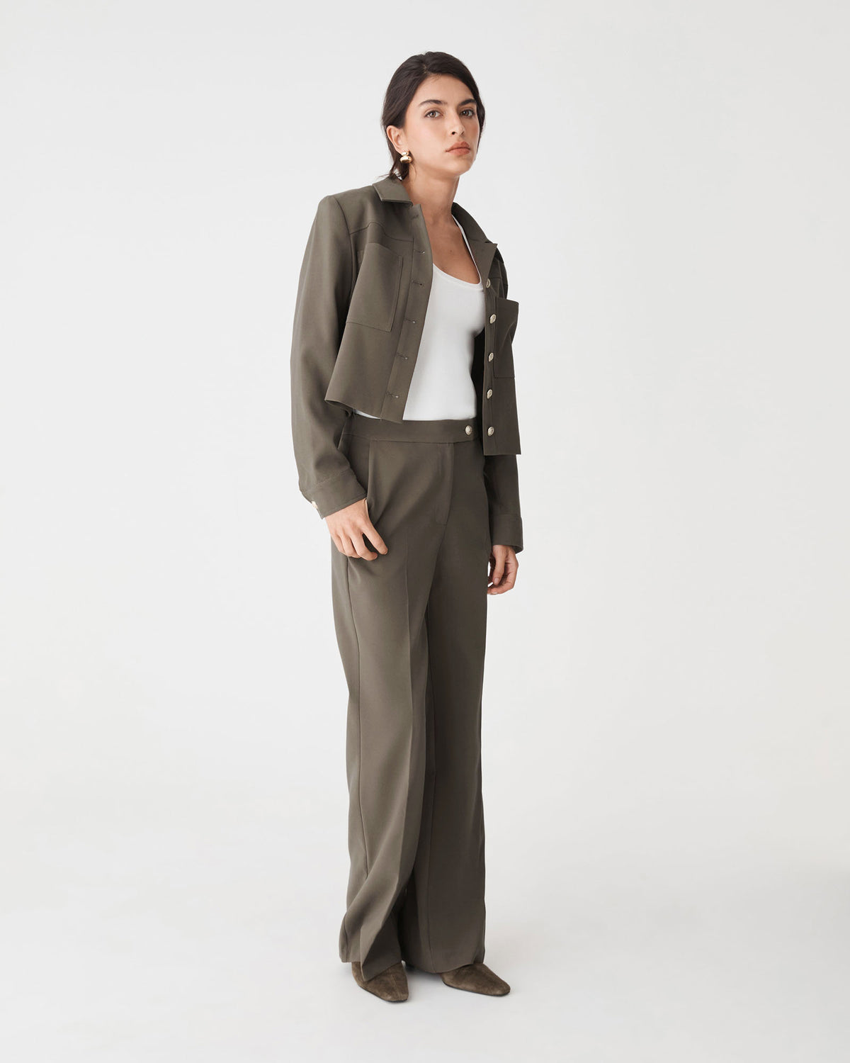 Sadie Patch Pocket Crop Jacket in dark khaki — side view