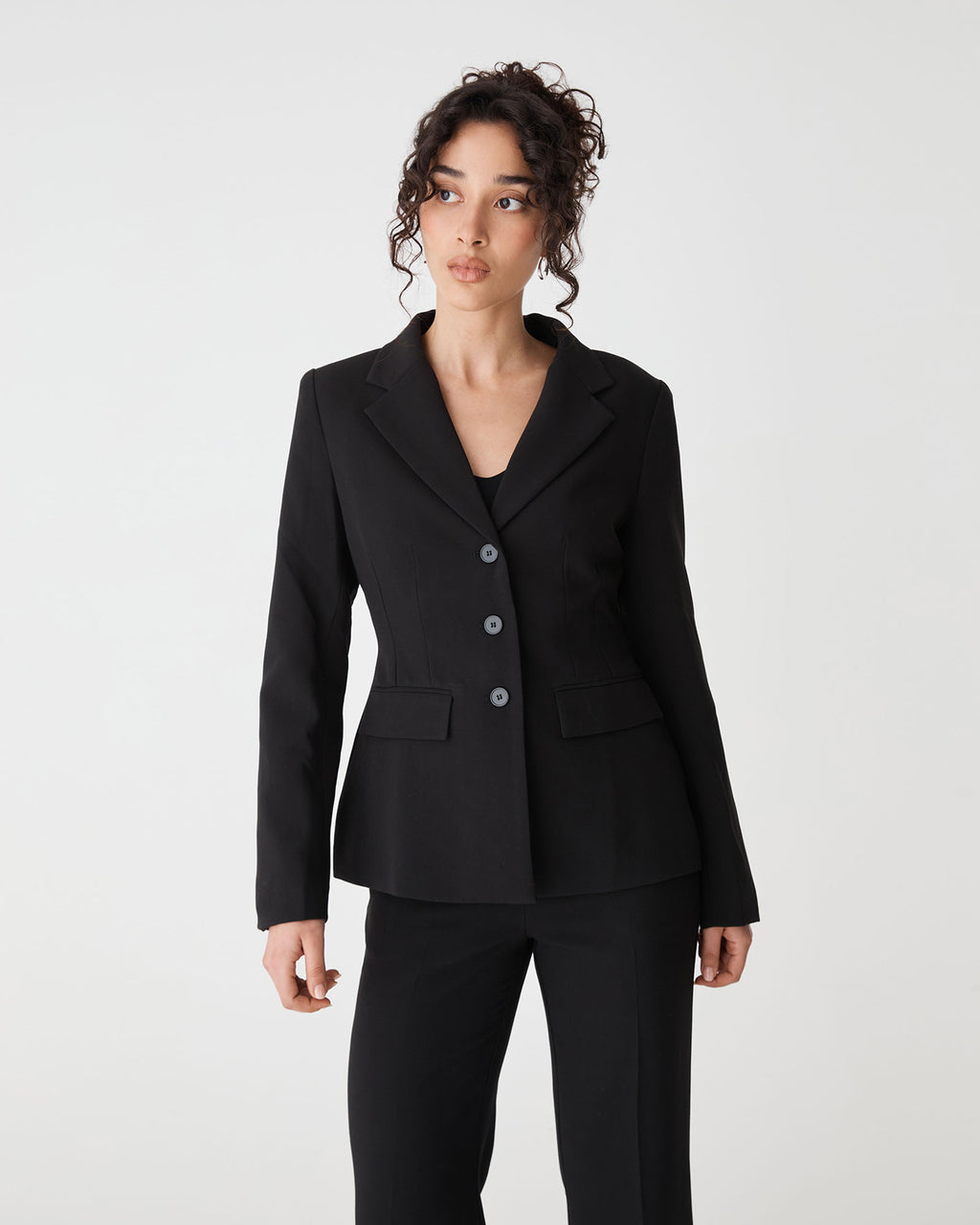 Lydia Fitted Waist Blazer in black — close-up view