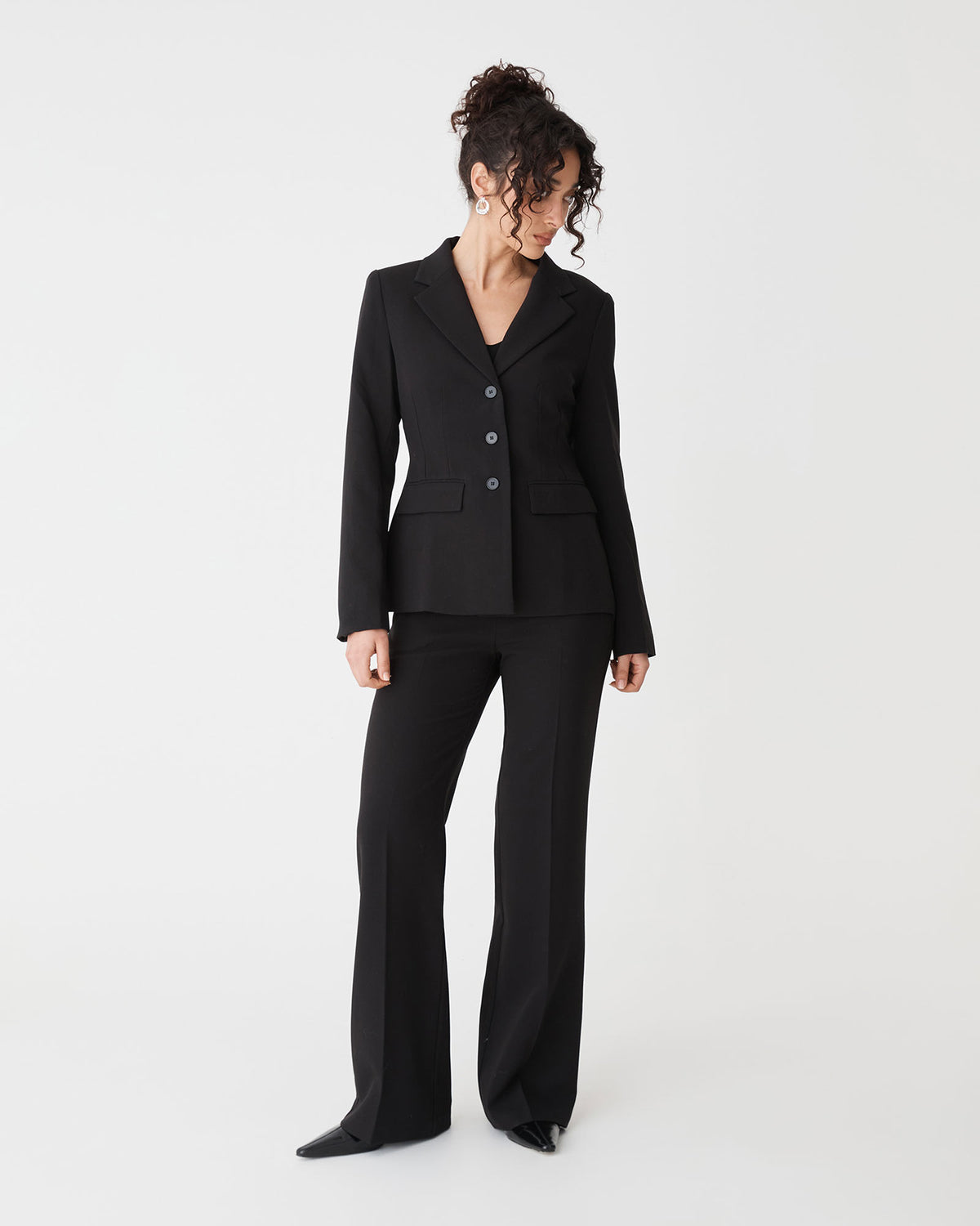 Lydia Fitted Waist Blazer in black — full-length view