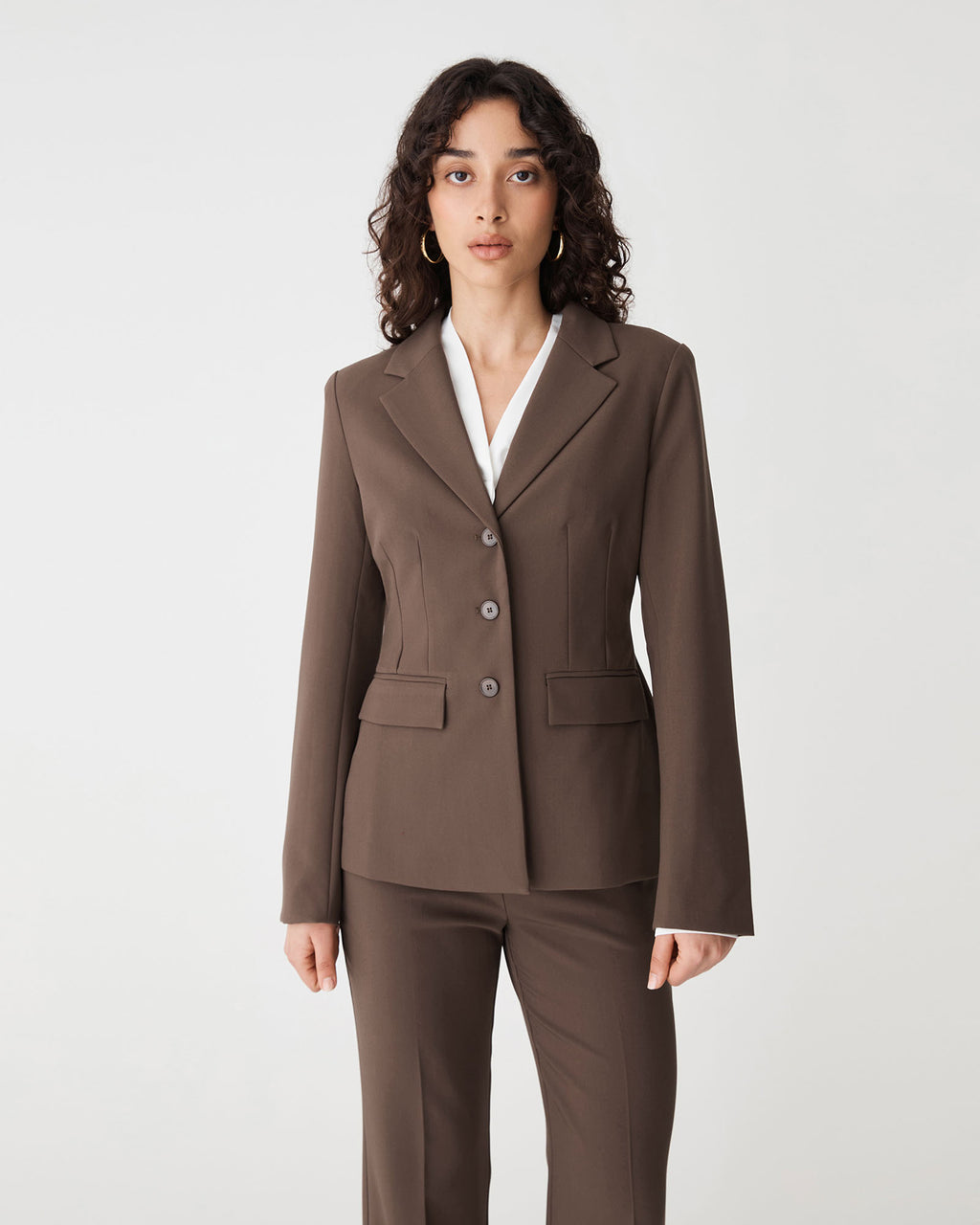 Lydia Fitted Waist Blazer in chocolate — close-up view
