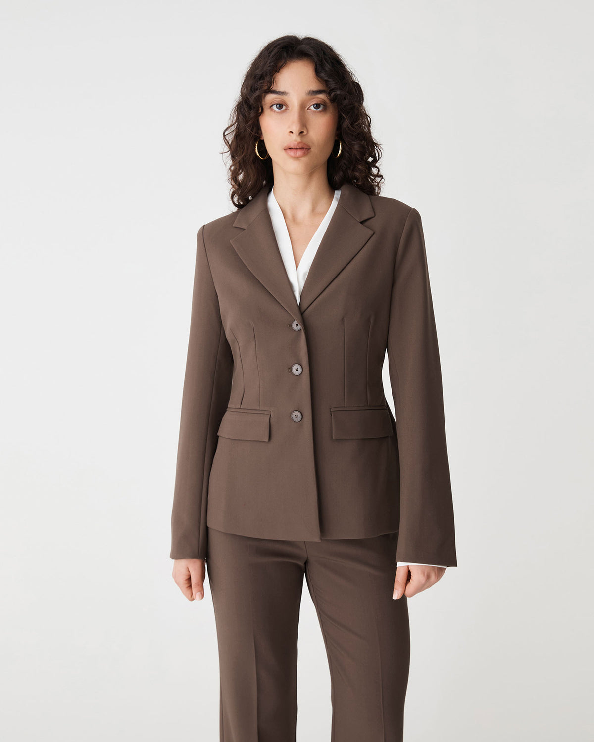 Lydia Fitted Waist Blazer in chocolate — close-up view