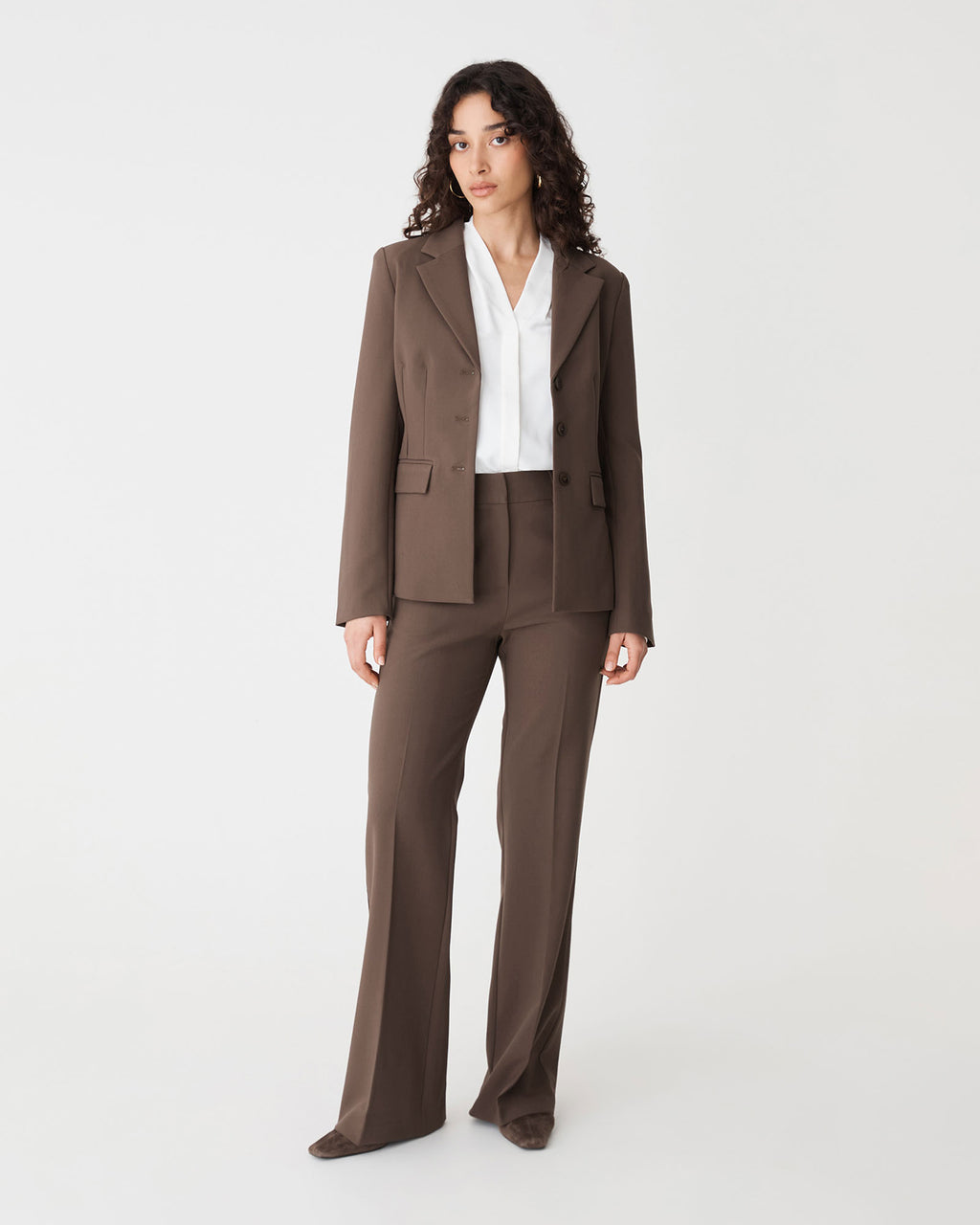 Lydia Fitted Waist Blazer in chocolate — full-length view