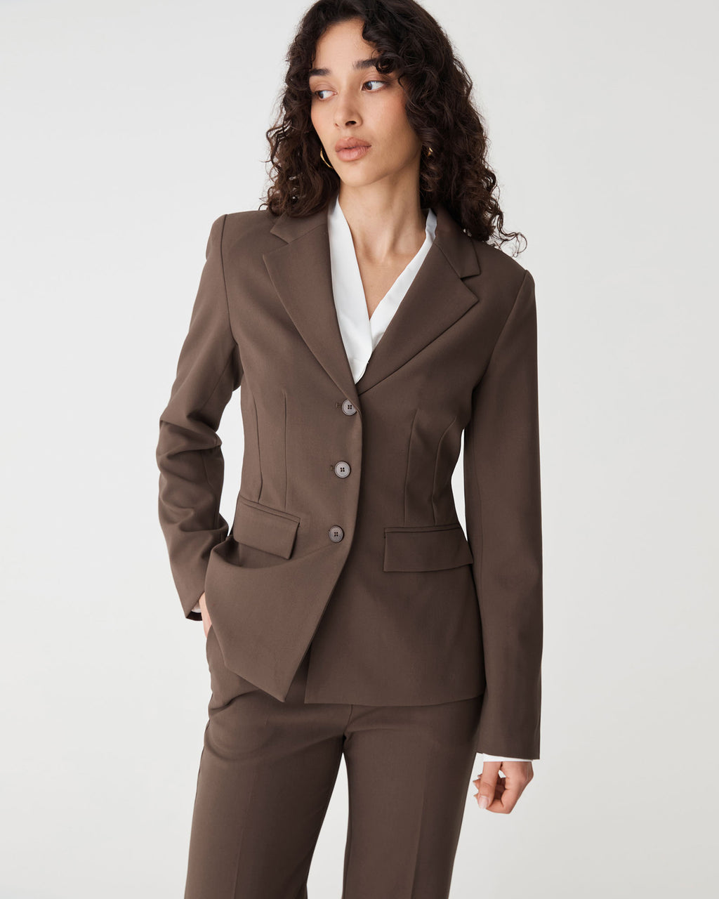 Lydia Fitted Waist Blazer in chocolate — side view