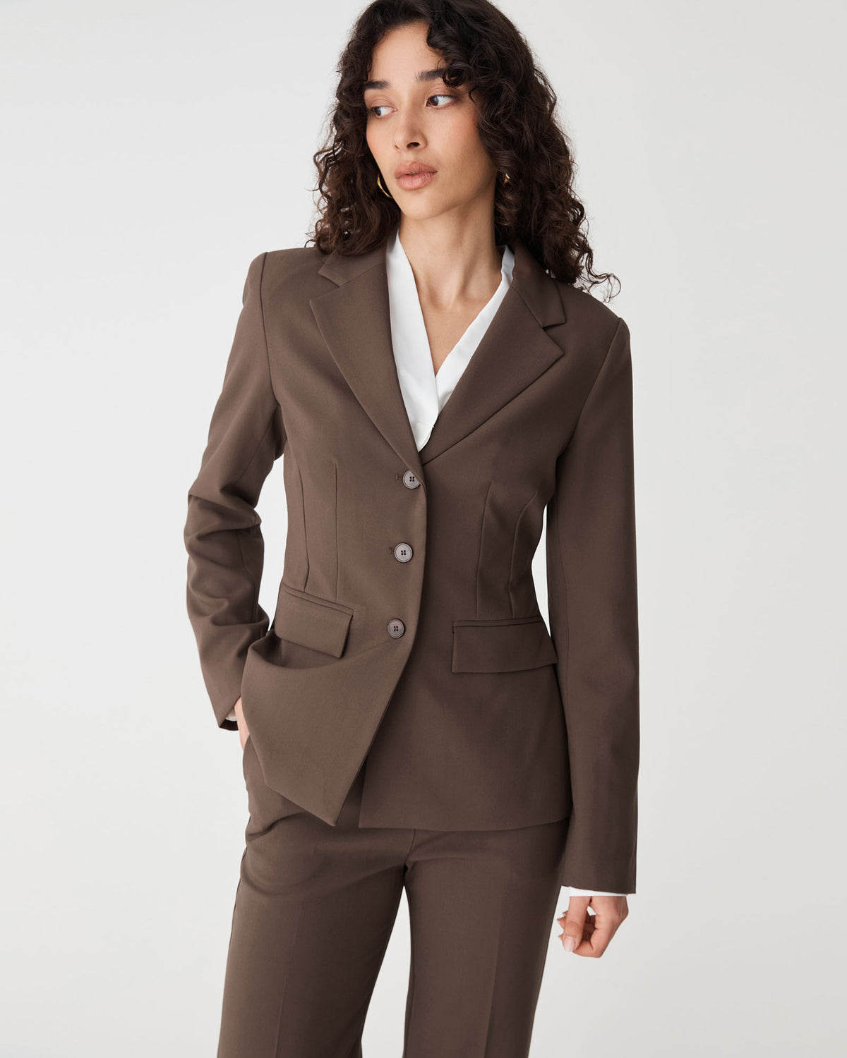Lydia Fitted Waist Blazer in chocolate — side view