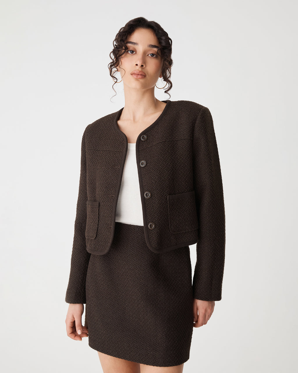 Aubery Tweed Jacket in chocolate — close-up view 2