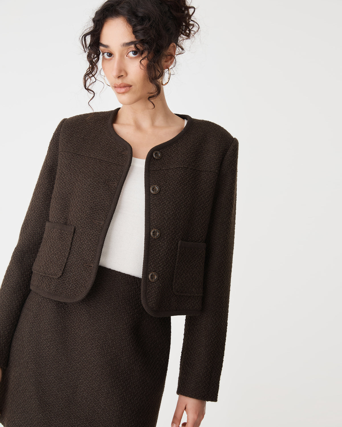 Aubery Tweed Jacket in chocolate — close-up view 3