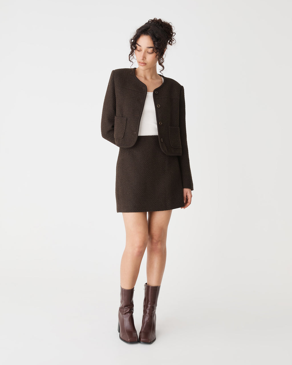 Aubery Tweed Jacket in chocolate — full-length view