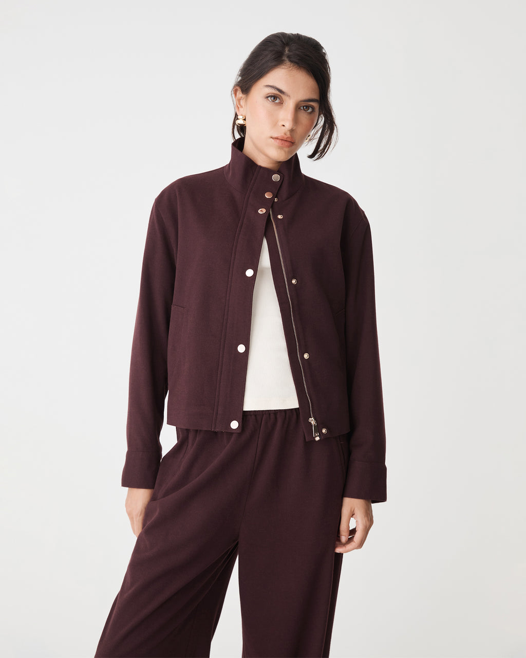 Irene Bomber Jacket in mahogany — close-up view