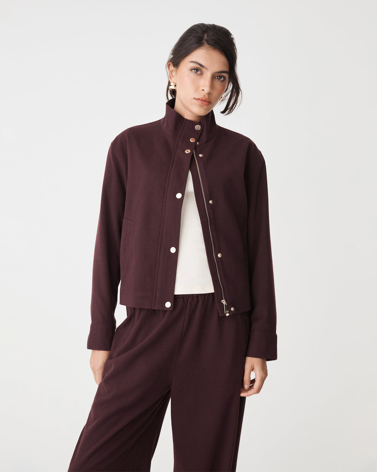 Irene Bomber Jacket in mahogany — close-up view