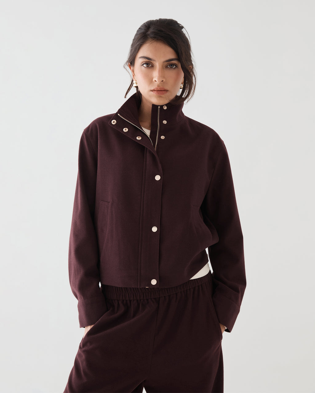 Irene Bomber Jacket in mahogany — close-up view 2
