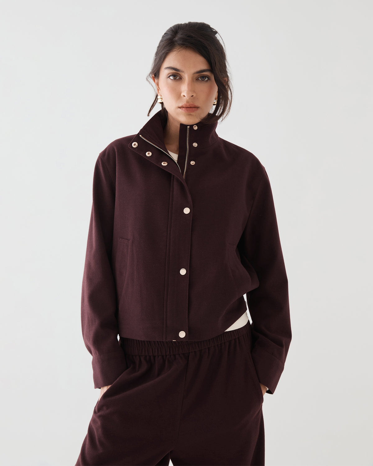 Irene Bomber Jacket in mahogany — close-up view 2