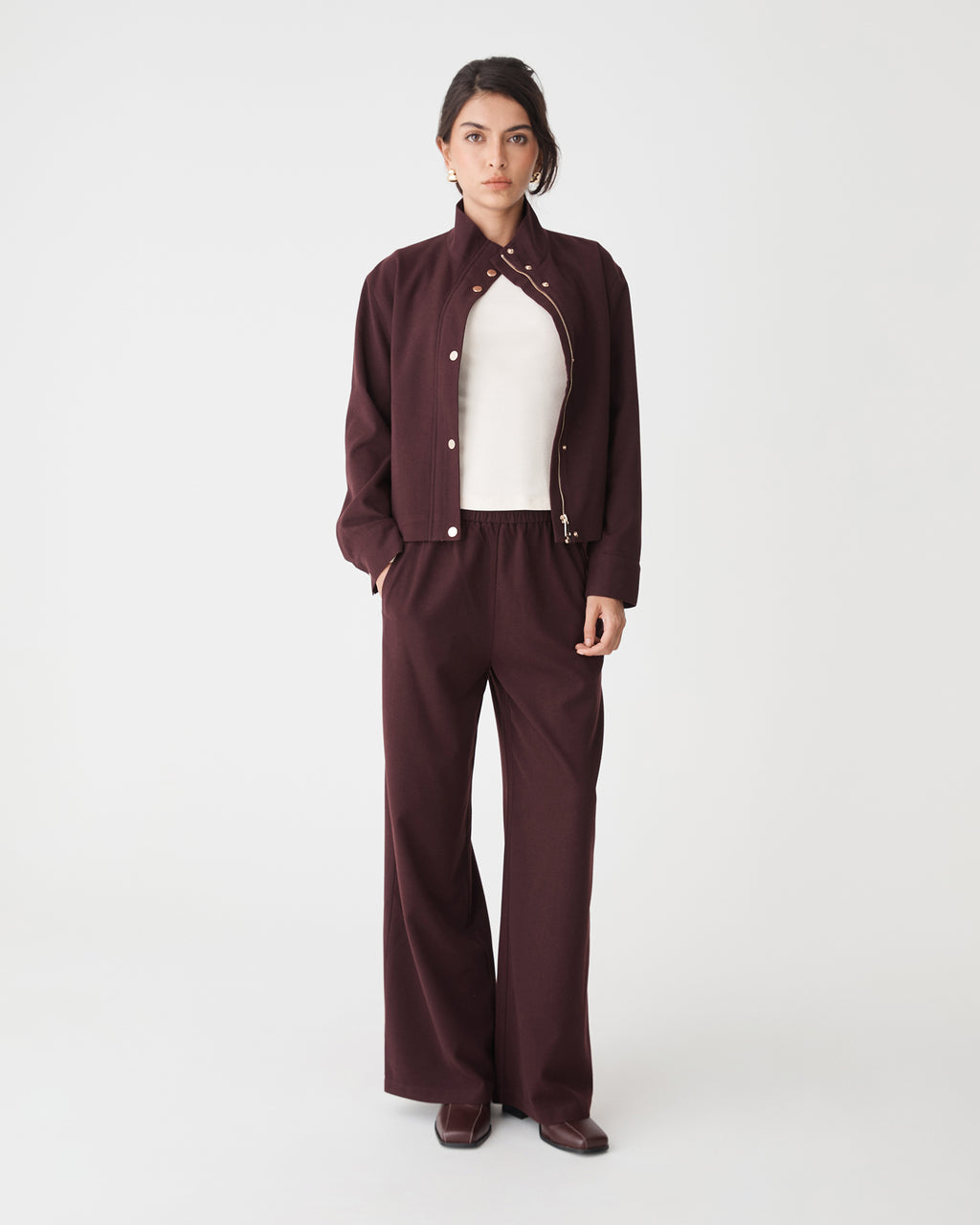 Irene Bomber Jacket in mahogany — full-length view