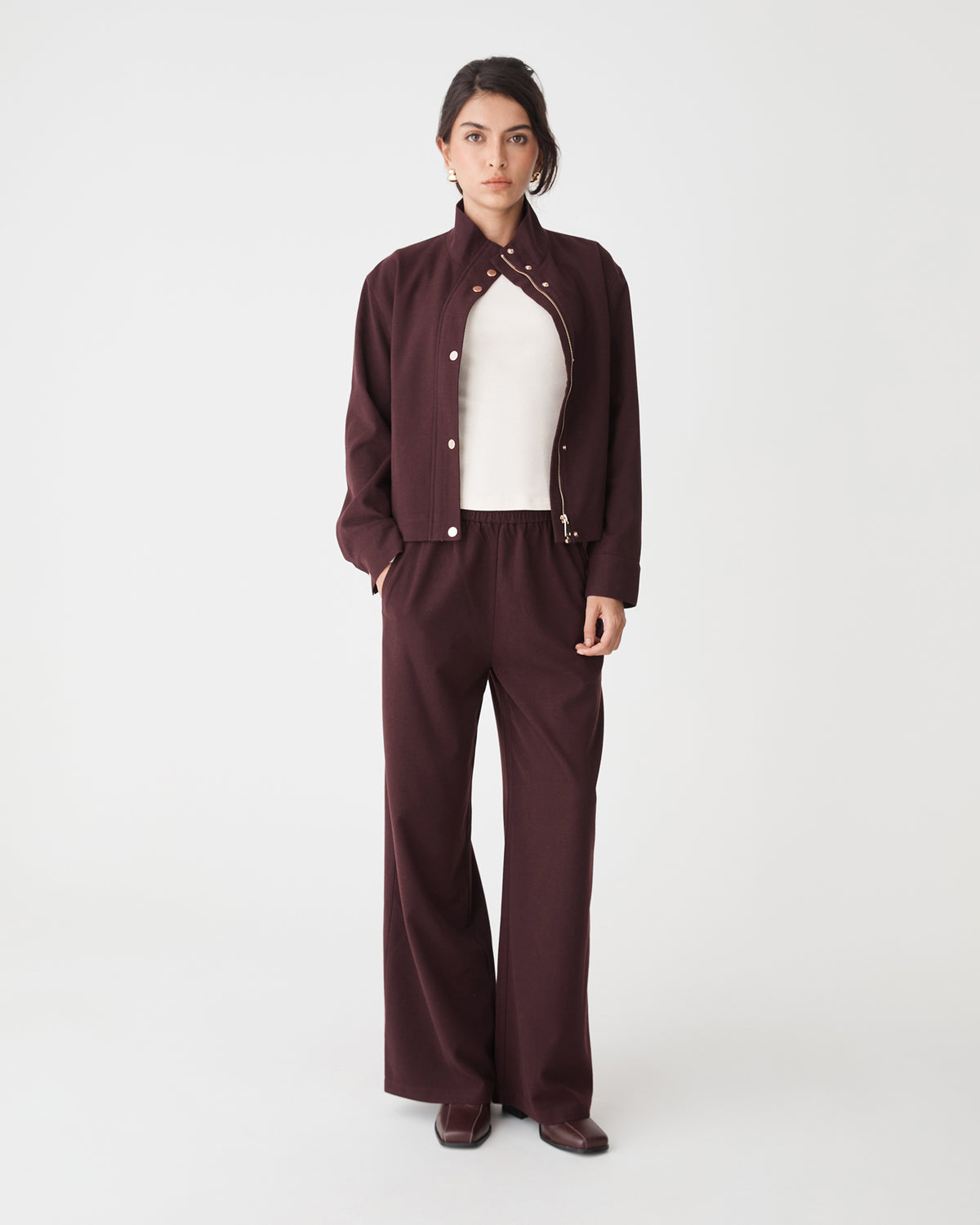 Irene Bomber Jacket in mahogany — full-length view