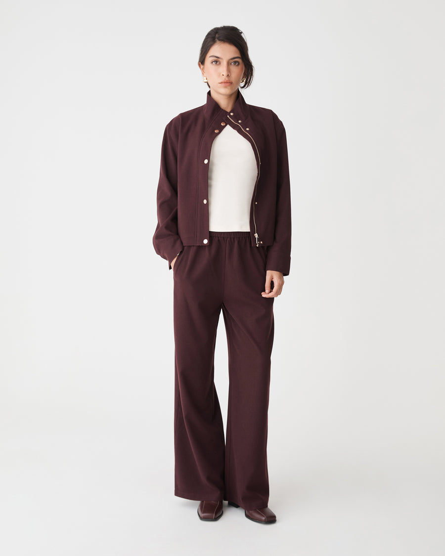 Irene Bomber Jacket in mahogany — full-length view