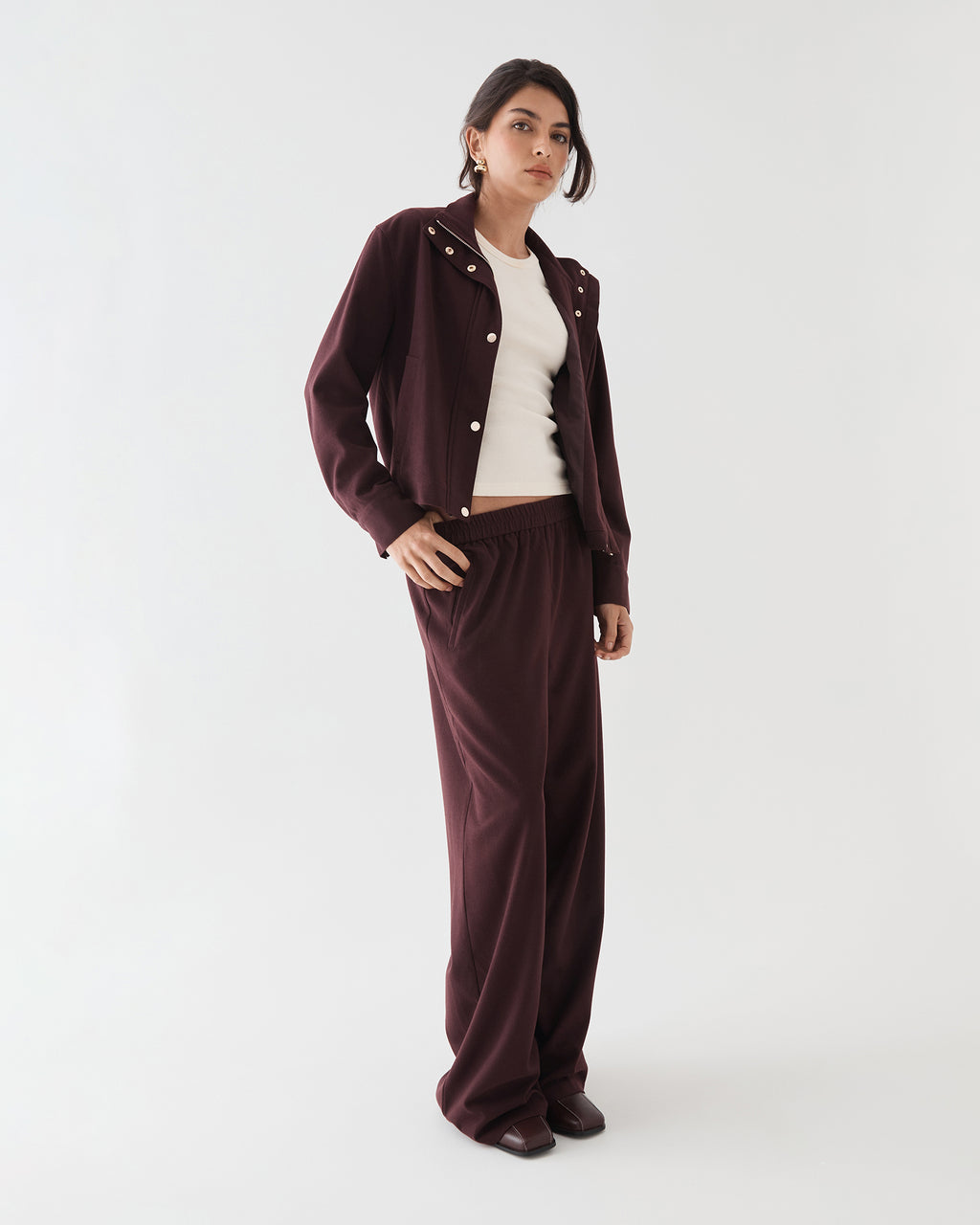 Irene Bomber Jacket in mahogany — full-length view 2