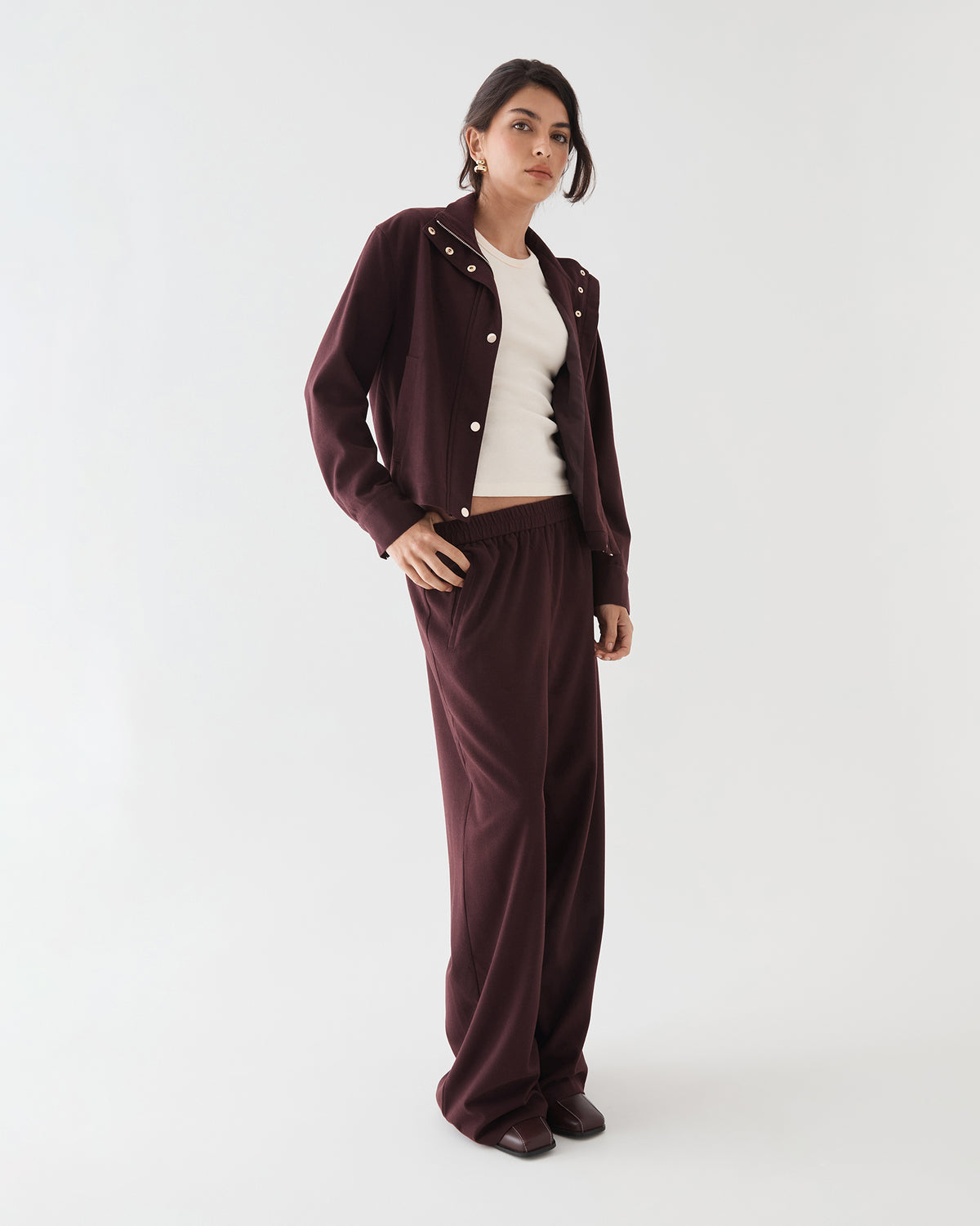 Irene Bomber Jacket in mahogany — full-length view 2