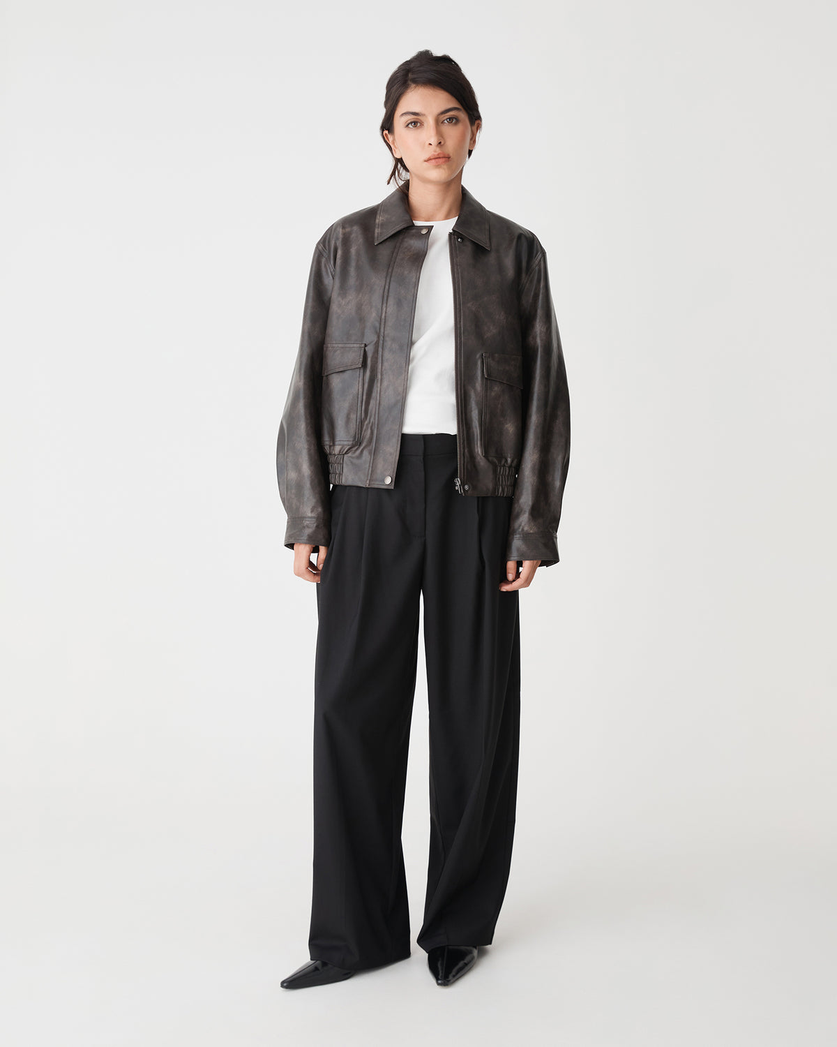 Ada Faux Leather Bomber Jacket in dark brown — full-length view